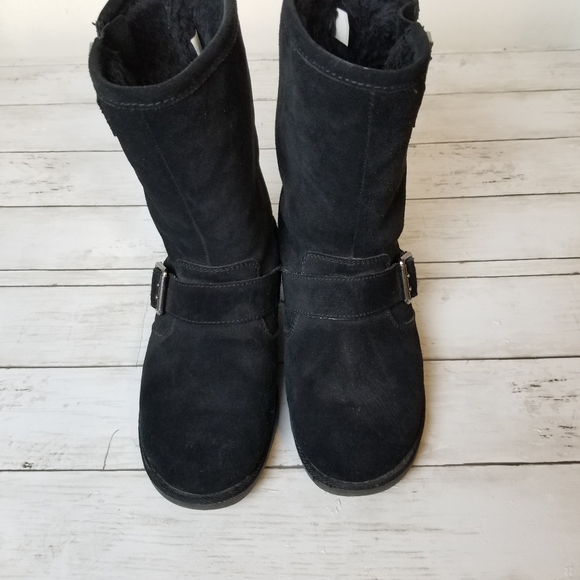 Unr8ted Rim Black Suede Leather Faux Fur Mid Calf Buckle Detail Pull On Boots - Picture 2 of 11